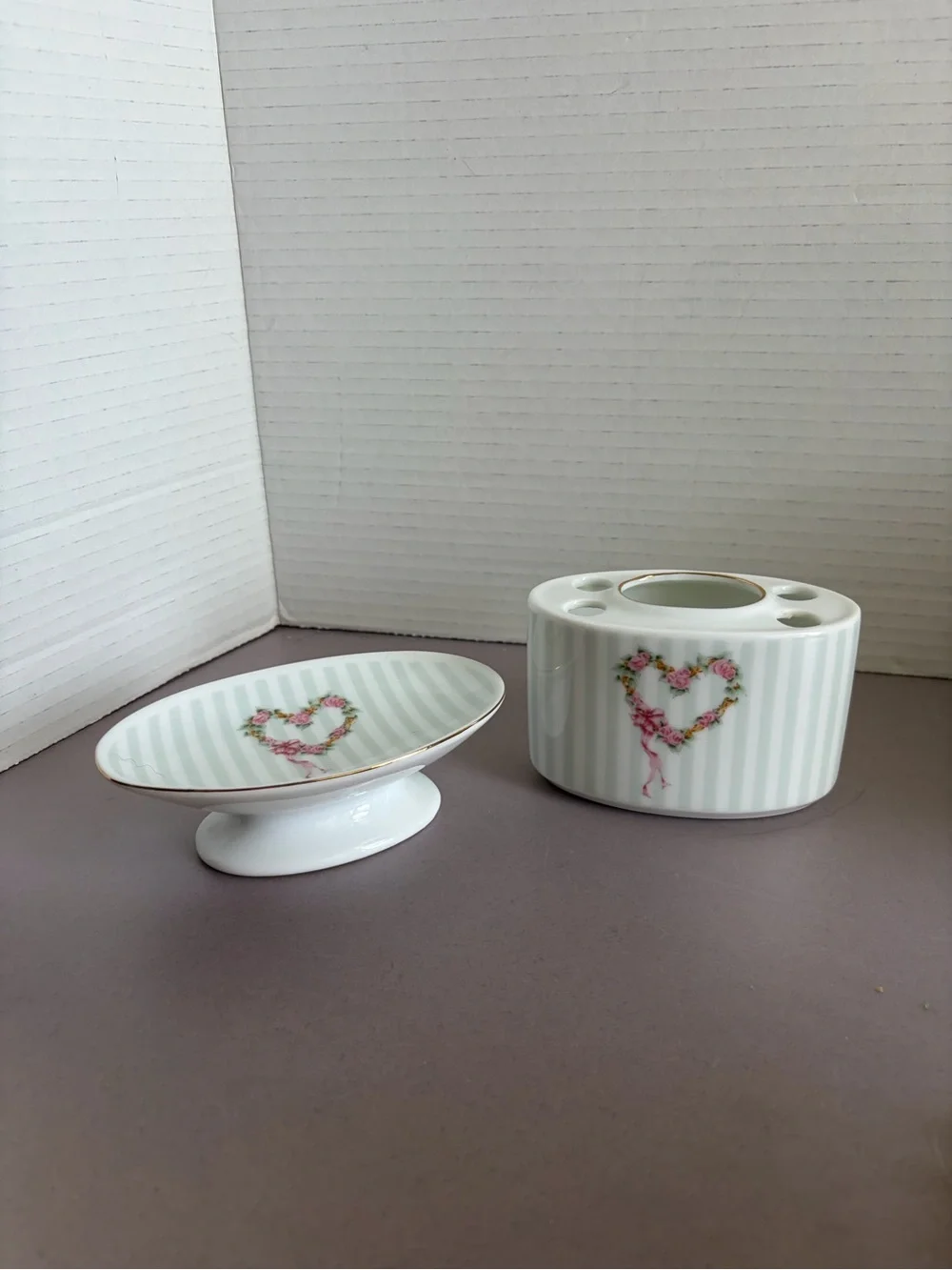Otagiri Porcelain Heart Floral Vanity Dish and Brush Holder